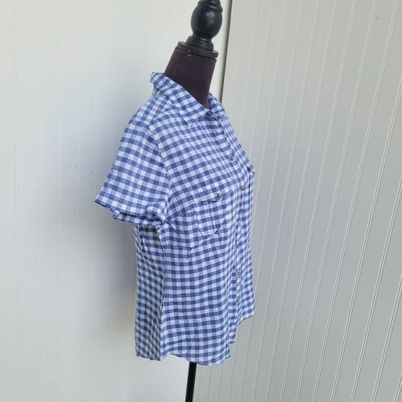 H&M LOGG Shirt Womens Blue White Button Up Plaid Shirt Short Sleeve Cotton Sz 14 - Picture 4 of 11